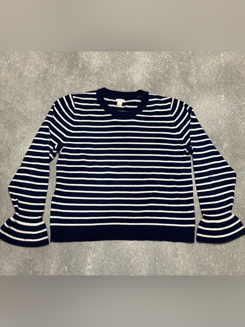 EUC J.Crew Women’s Navy & White Striped Sweater w/Bell Sleeves Size L